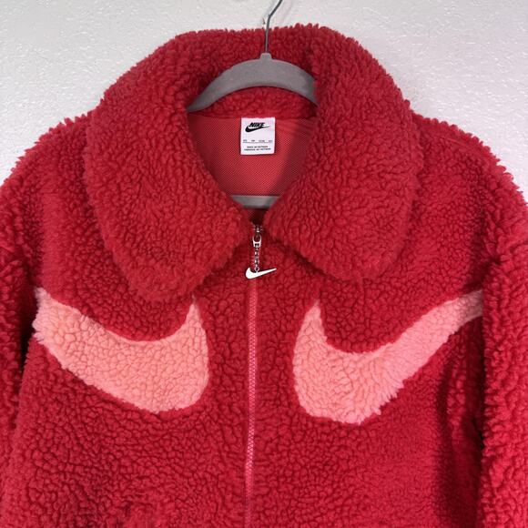 Nike Sherpa Fleece Jacket Womens XS Swoosh Logo Zip Up Teddy Bomber Cozy Pink - Picture 4 of 10